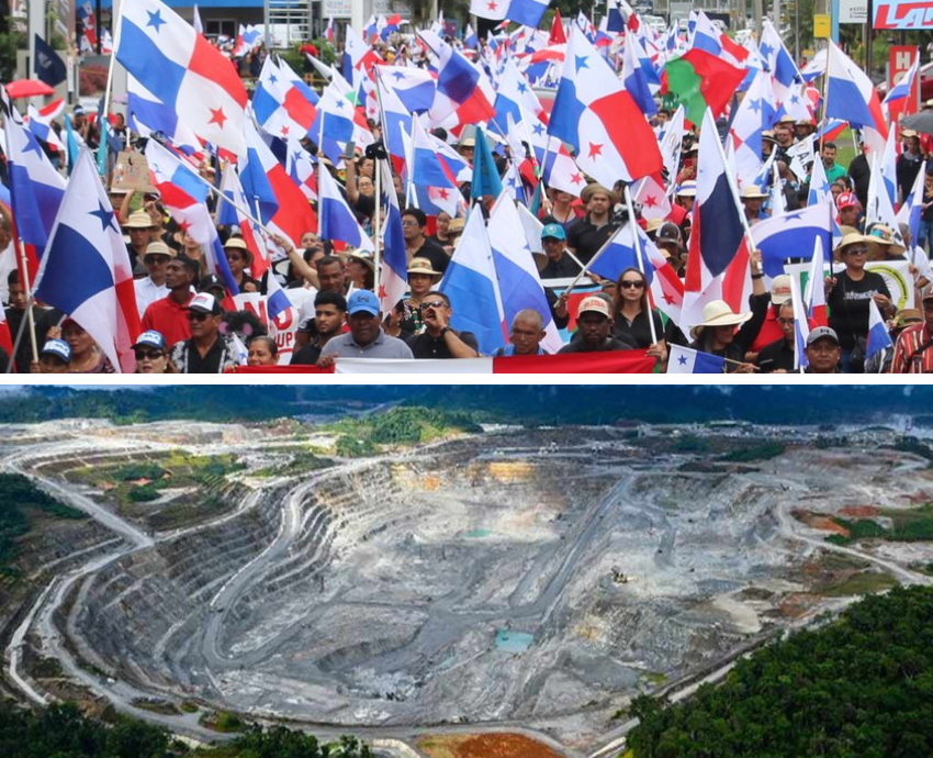 protesters holding signs, open cut mine