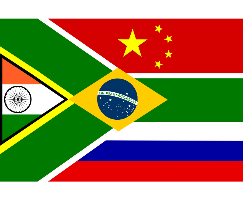 flags of Brazil, India, China, Russia, South Africa