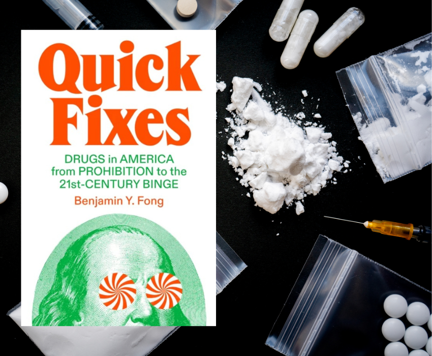 Book cover against images of drugs