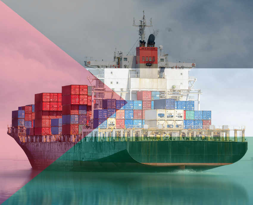 Cargo ship with Palestine flag overlay