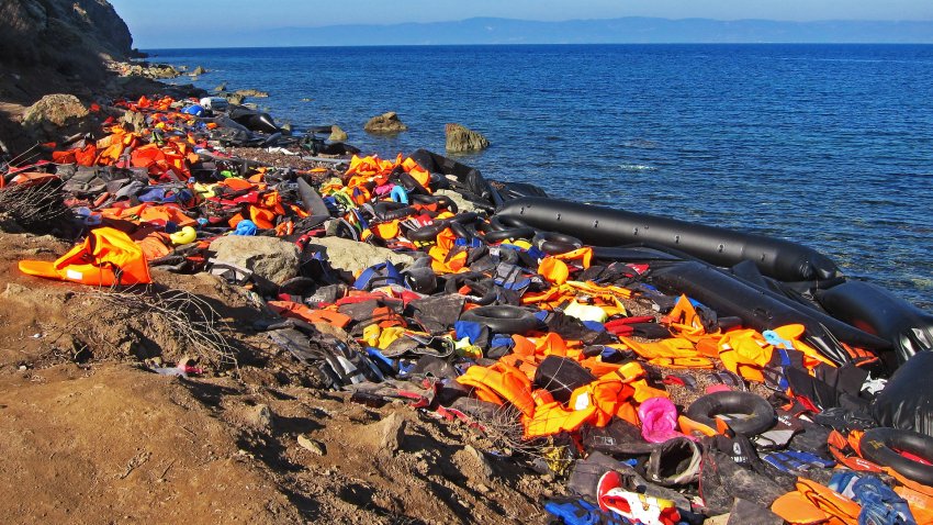 Discarded lifejackets on a Mediterranean coastline. Photo: Pixabay