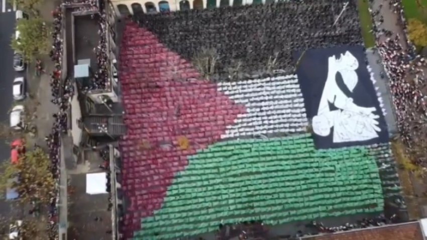 human sign depicting the flag of Palestine