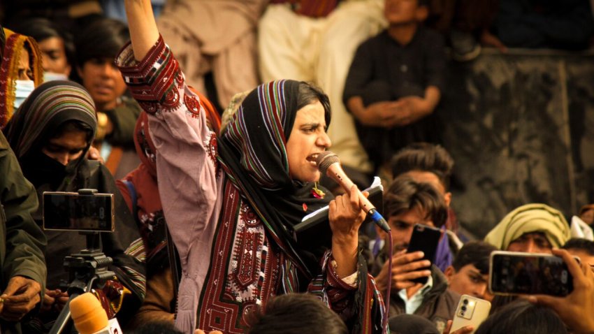 Dr Mahrang Baloch speaking to a rally