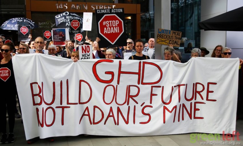 Protest outside the Brisbane headquarters of Adani contractor GHD Engineering on August 1.