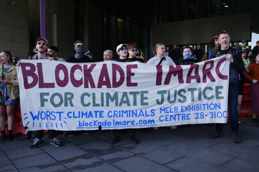 Protesters blockade the IMARC mining conference in Melbourne on October 29.