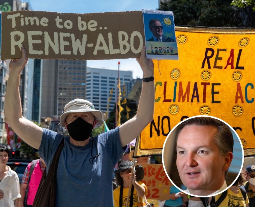 Protester holds sign reading ‘Time to be Renew-Albo’