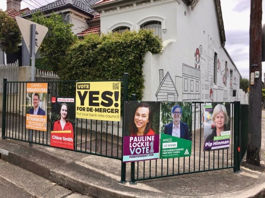 Photo of corflutes for candidates in the Inner West Council elections in December 2021.