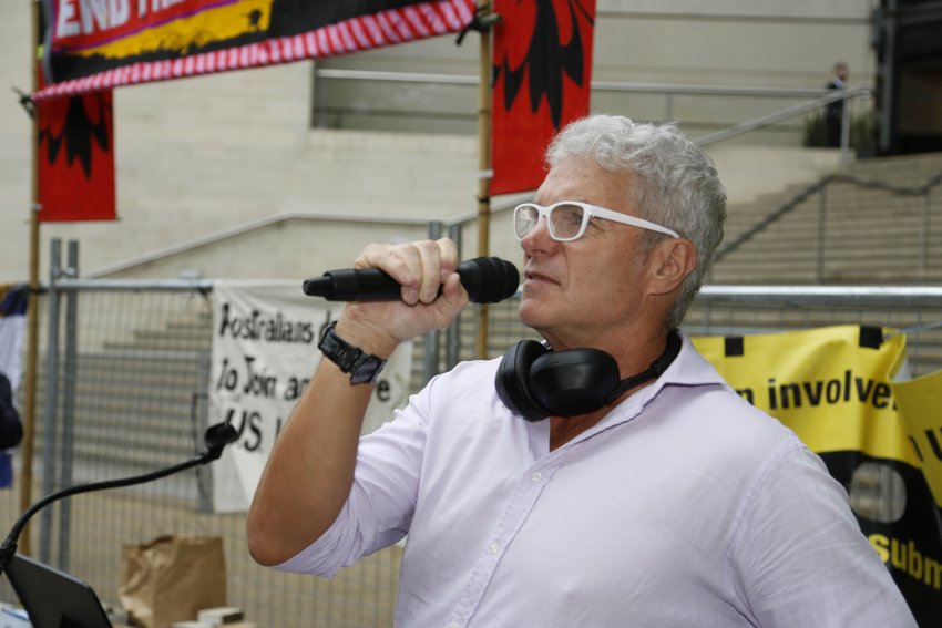 David McBride speaking outside Labor's national conference in Meanjin. Photo: Alex Bainbidge
