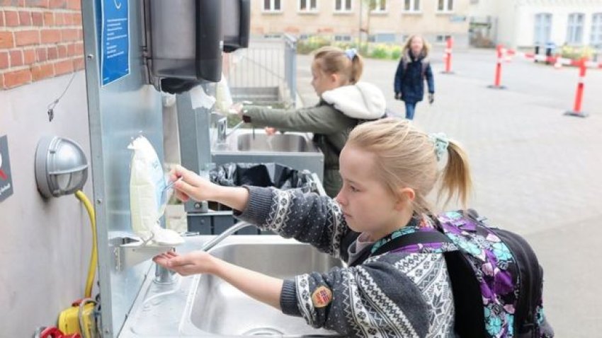 Danish schools have regular hand-washing times set during the day (Credit: BBC)