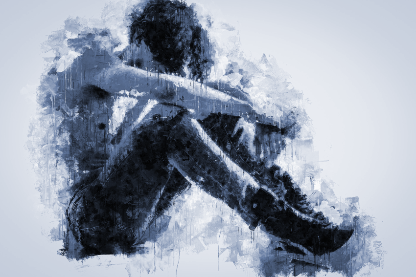 Man head between knees depressed watercolour