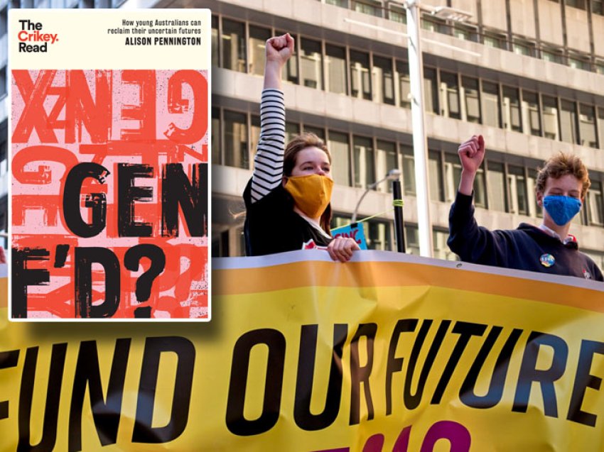 The cover of 'Gen F'd' over an image of young people protesting