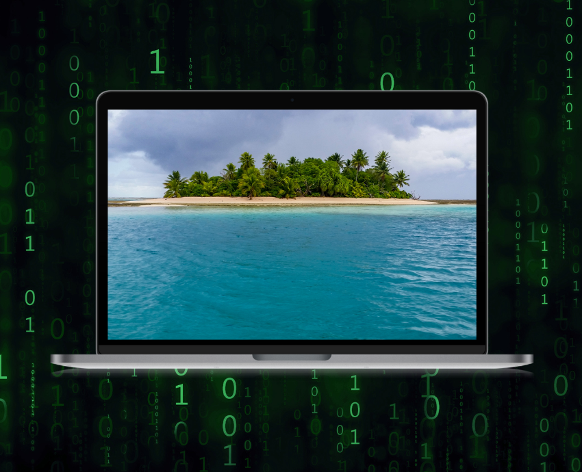 Image showing an island in Tuvalu, with matrix-style figures in background