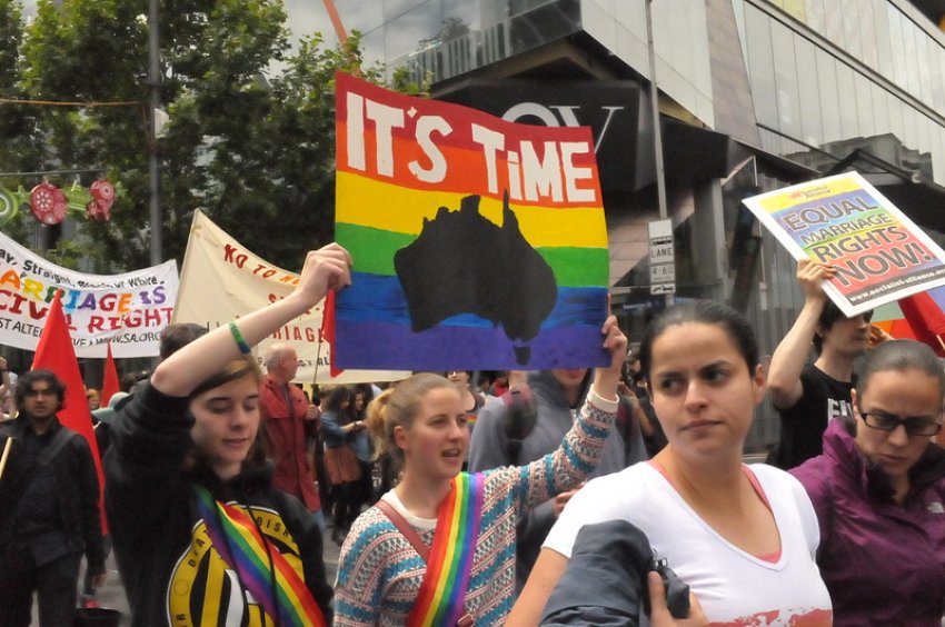 Equal marriage placard that reads "It's time"