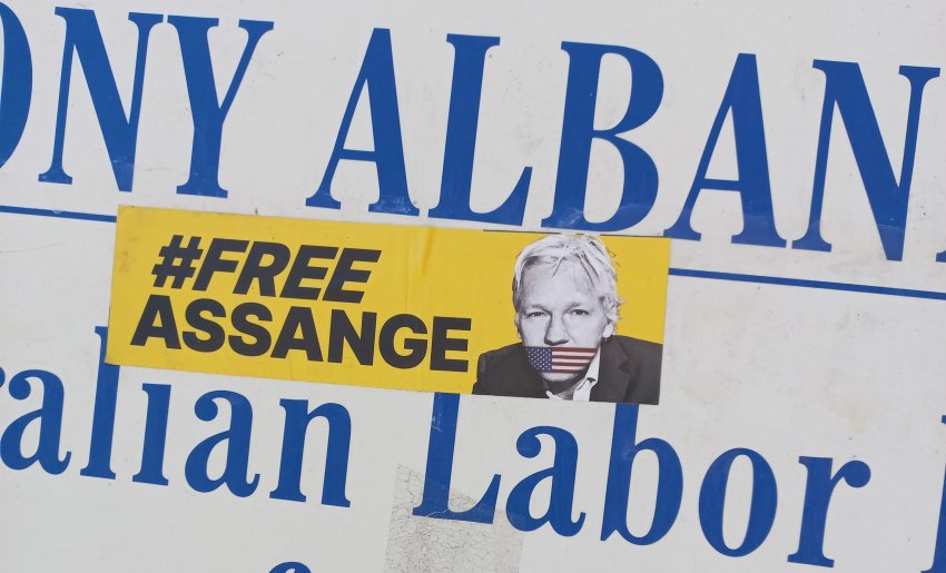 A sticker reading #FreeAssange