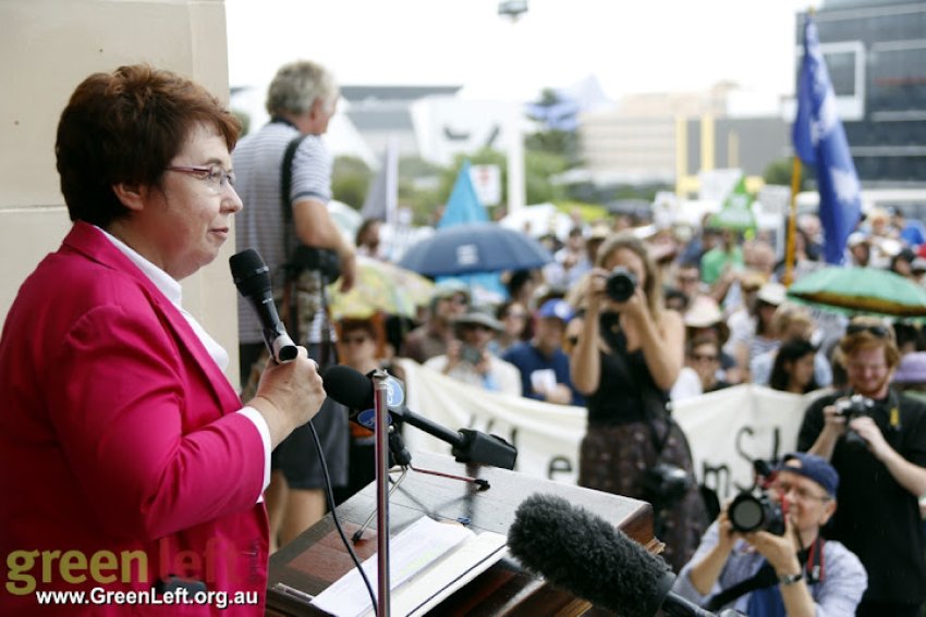 Lynn MacLaren speaks at the rally