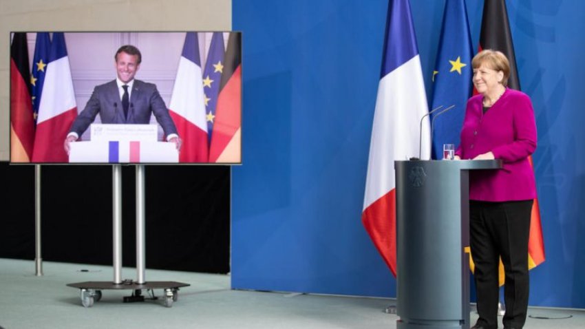 Macron and Merkel announce the French-German €500 billion COVID-19 recovery fund (Credit: EPA-EFE | Andreas Gora/Pool)