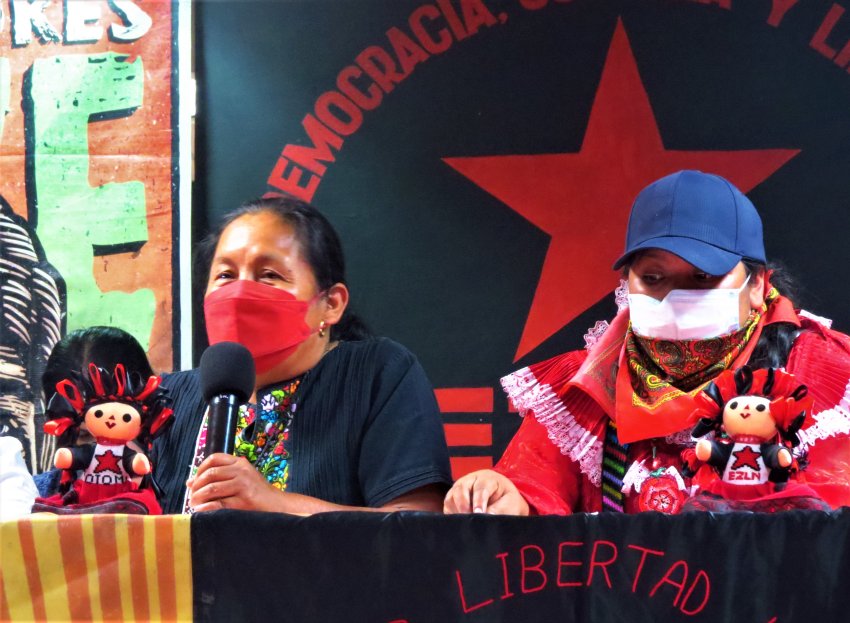 Marichuy (left), speaking at one of the public meetings held by the convoy in Mexico City.