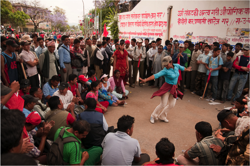 Dancing at a barracade in Kathmandu during the Maoist May 2-7 general strike.