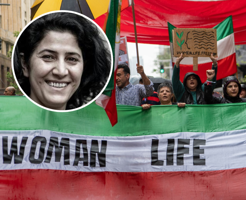 Demonstrators rally in Sydney on October 8 in solidarity with the Iran uprising. Inset: Nilüfer Koç