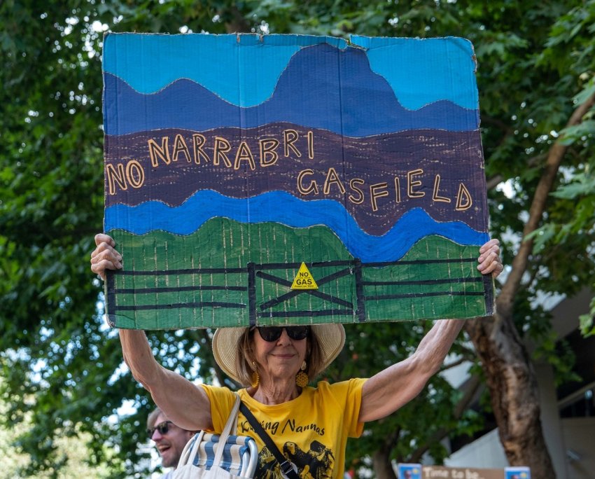 Activist holding sign that reads ‘No Narrabri gasfield’ at a November 12 climate rally in Sydney