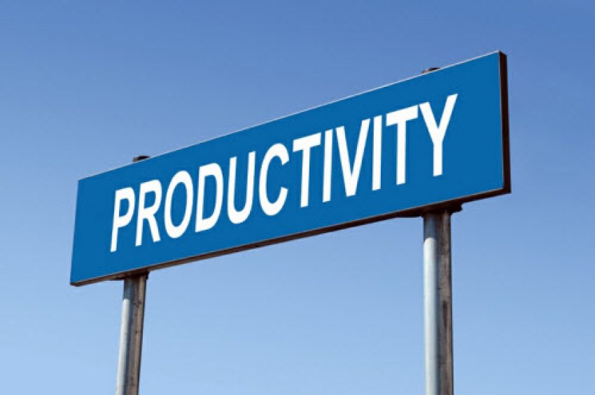 Blue sign against a blue sky that reads 'productivity'.