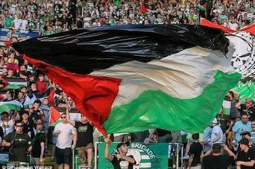 Palestine flag being flown by the Celtic fan group Green Brigade