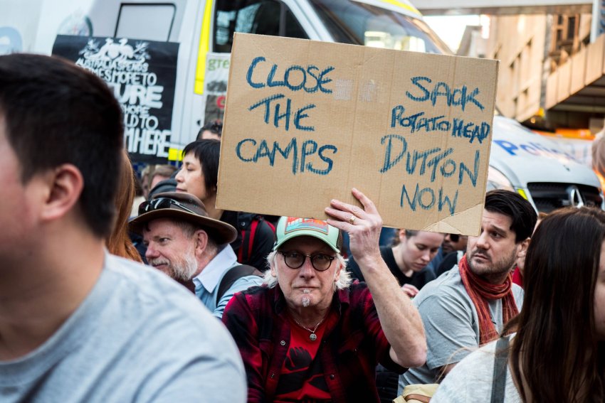 A placard at a refugee rights rally in Sydney on July 21.