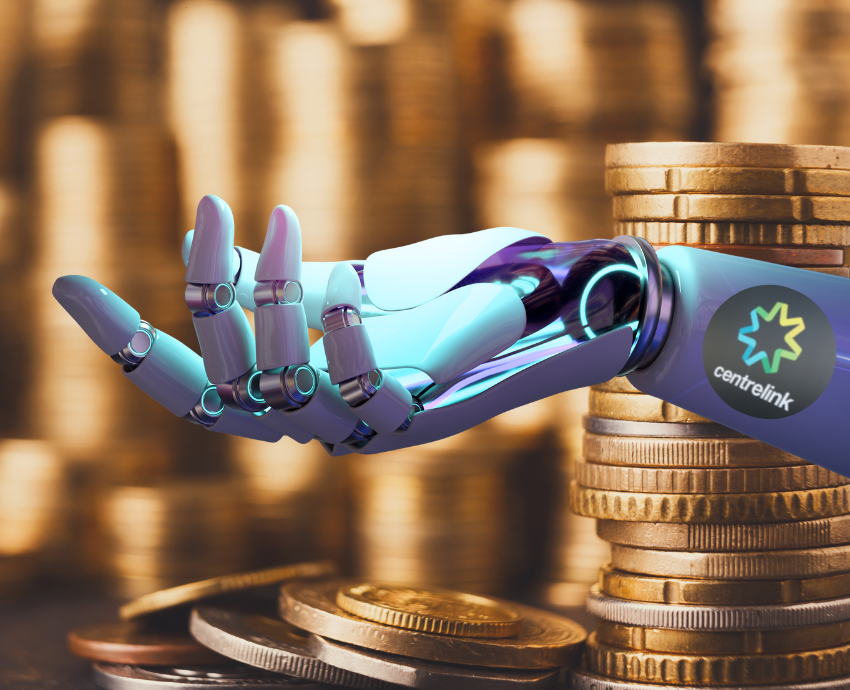 Robotic hand with centrelink logo. Background is a pile of gold coins