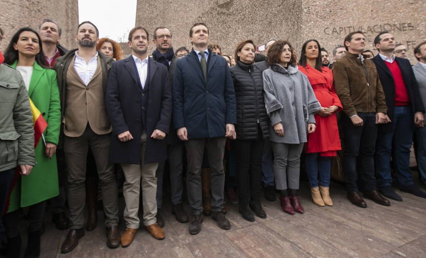 Leaders of the Spanish right at protest demonstration against PSOE prime minister Pedro Sánchez for negotiating with Catalan government