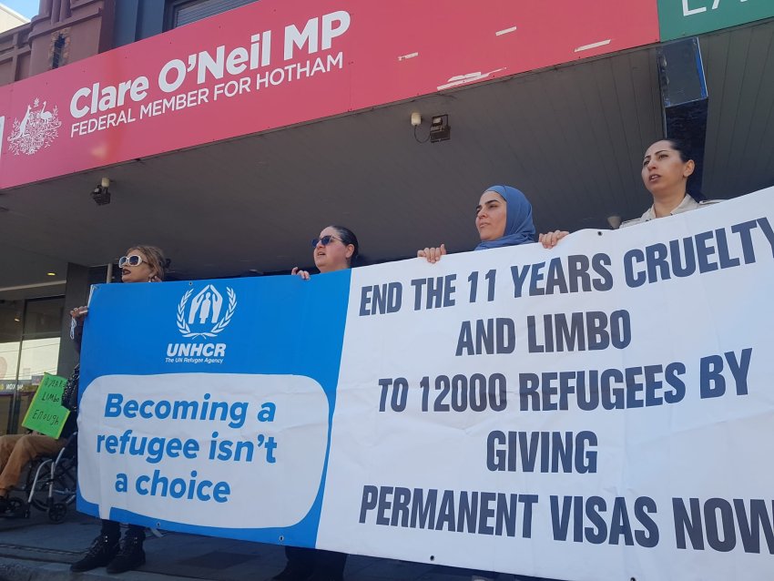 Refugees protested outside home affairs minister Claire O'Neil's office