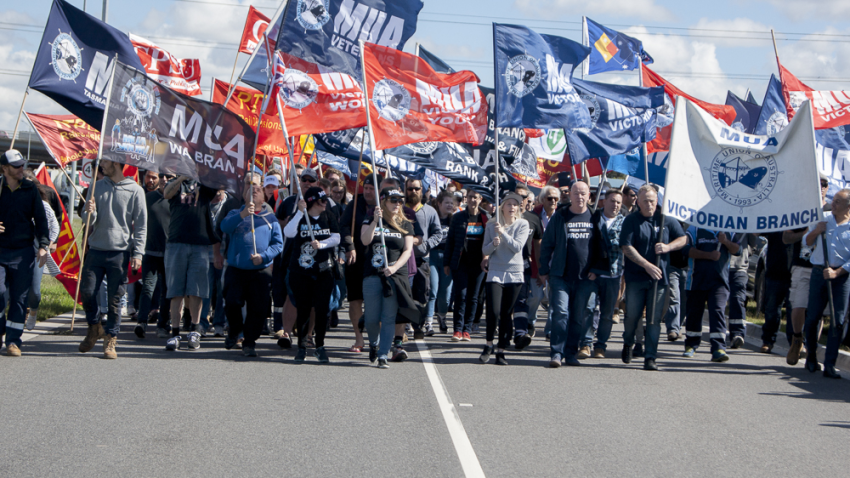 Melbourne unionists closed down Webb Dock in Port Melbourne. Photo: Matt Hrkac