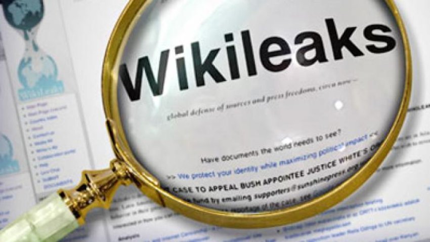 Graphic of Wikileaks under a magnifying glass.