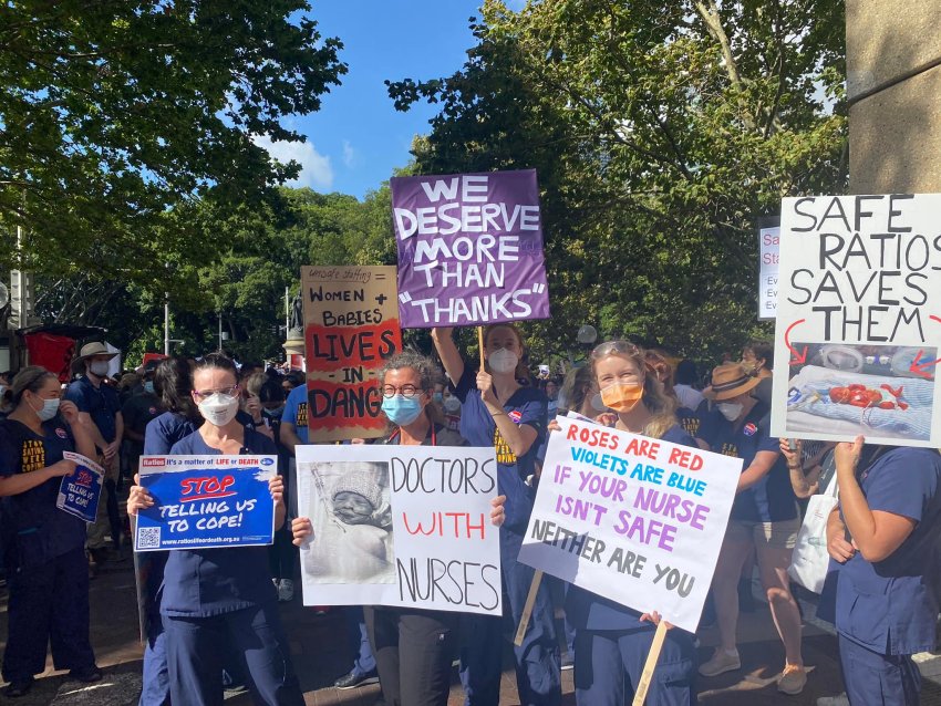 Nurses and Midwives strike outside NSW Parliament on February 15, 2022.