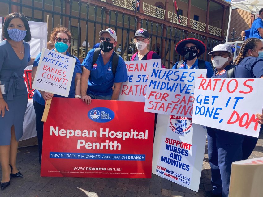 Nurses and Midwives strike outside NSW Parliament on February 15, 2022.