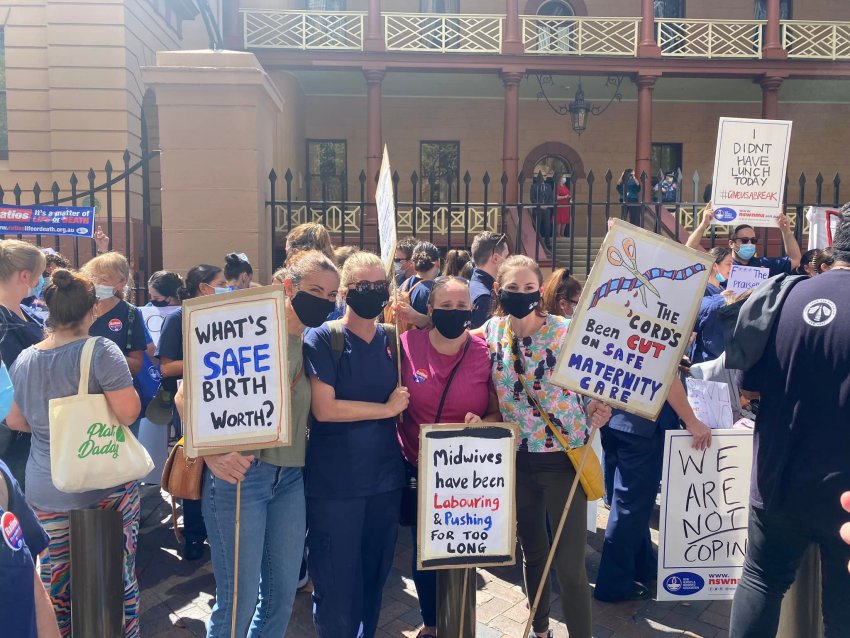 Nurses and Midwives strike outside NSW Parliament on February 15, 2022.