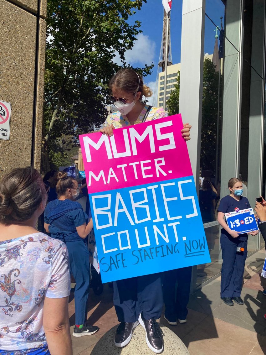 Nurses and Midwives strike outside NSW Parliament on February 15, 2022.