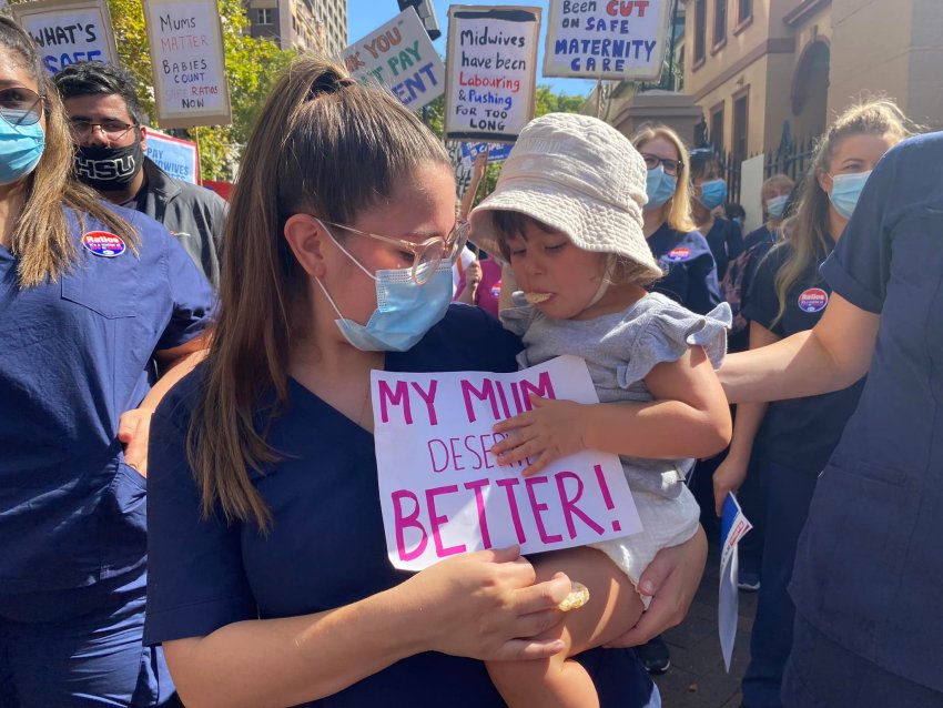 Nurses and Midwives strike outside NSW Parliament on February 15, 2022.