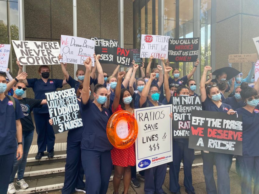 Nurses and Midwives strike outside NSW Parliament on February 15, 2022.