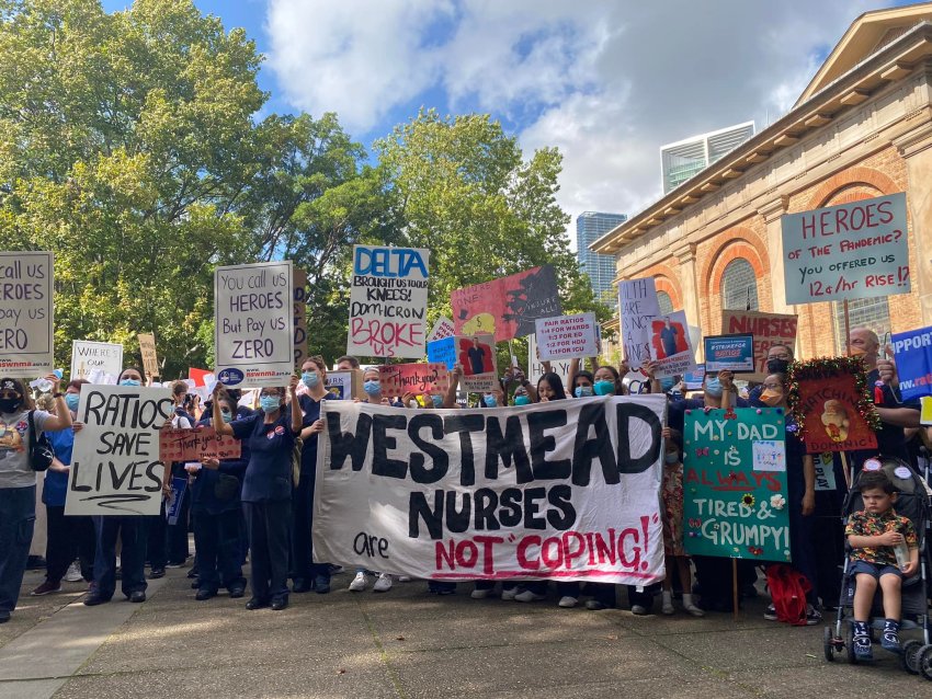 Nurses and Midwives strike outside NSW Parliament on February 15, 2022.