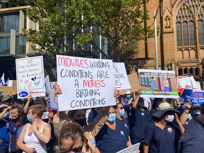 Nurses and Midwives strike outside NSW Parliament on February 15, 2022.