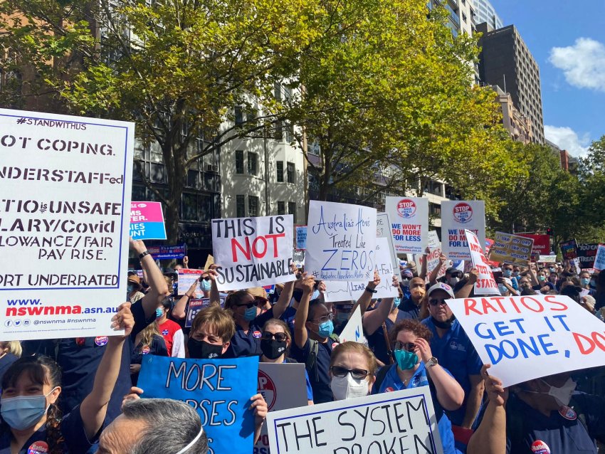 Nurses and Midwives strike outside NSW Parliament on February 15, 2022.