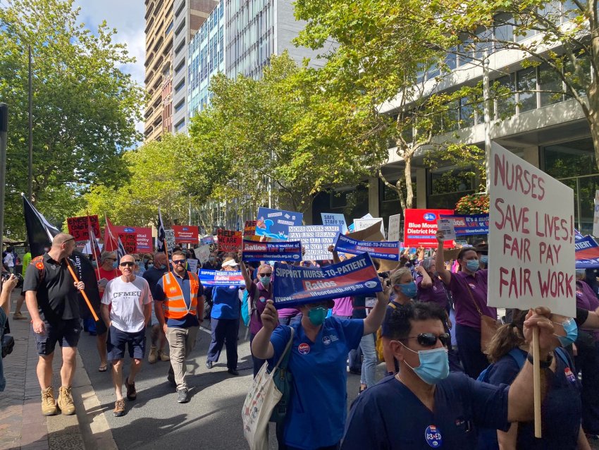 Nurses and Midwives strike outside NSW Parliament on February 15, 2022.