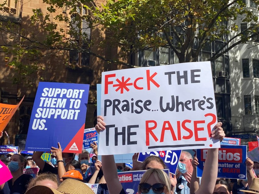 Nurses and Midwives strike outside NSW Parliament on February 15, 2022.