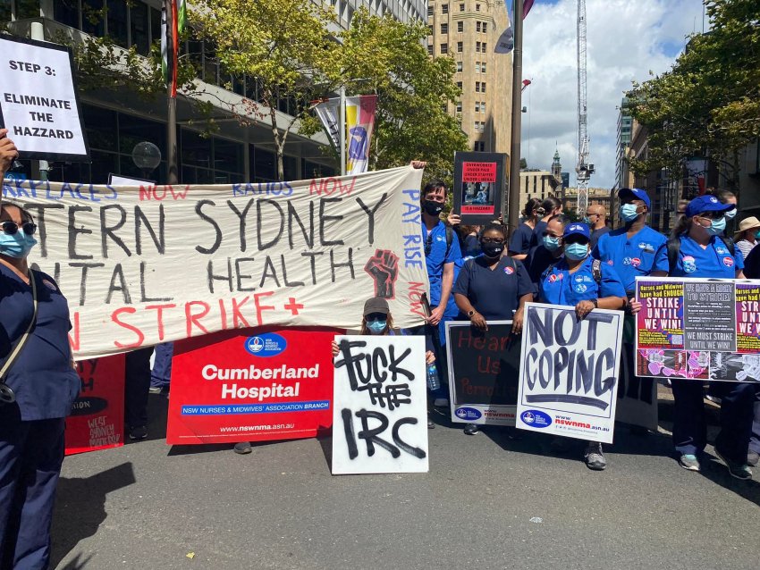 Nurses and Midwives strike outside NSW Parliament on February 15, 2022.