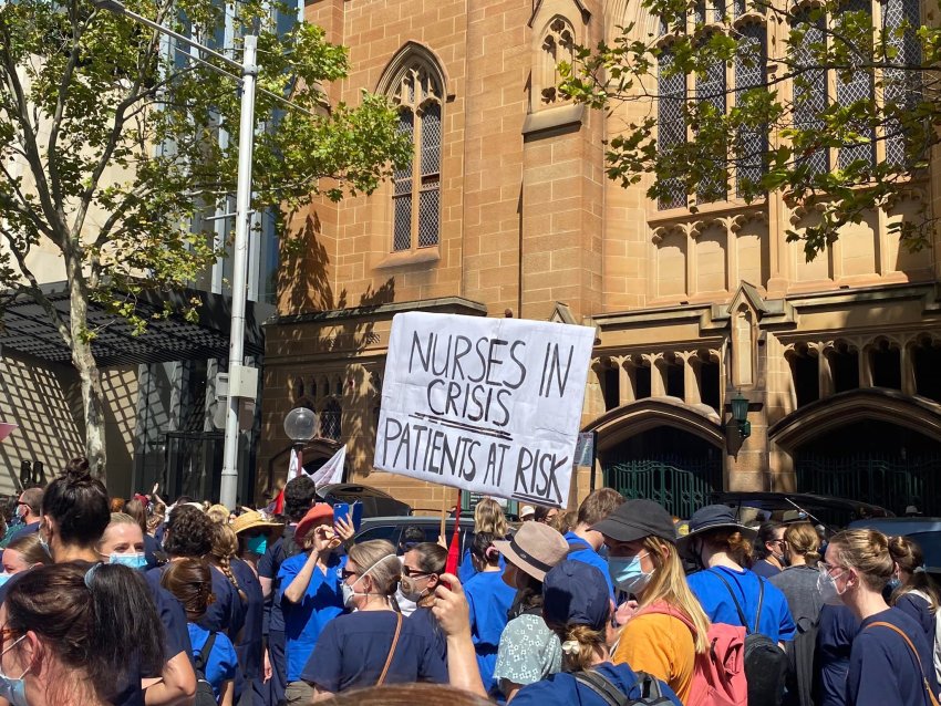 Nurses and Midwives strike outside NSW Parliament on February 15, 2022.