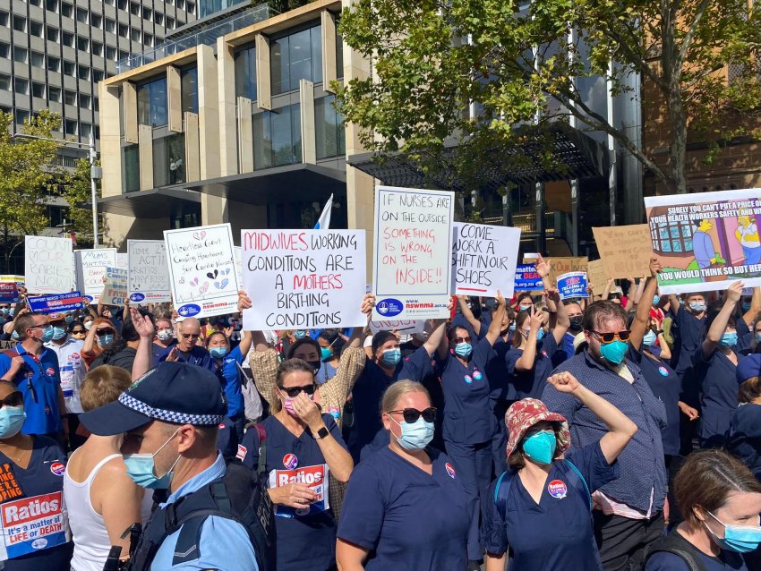 Nurses and Midwives strike outside NSW Parliament on February 15, 2022.