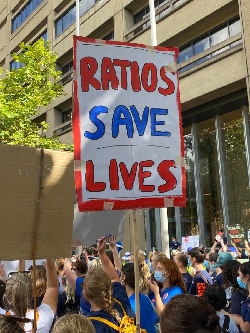 Nurses and Midwives strike outside NSW Parliament on February 15, 2022.