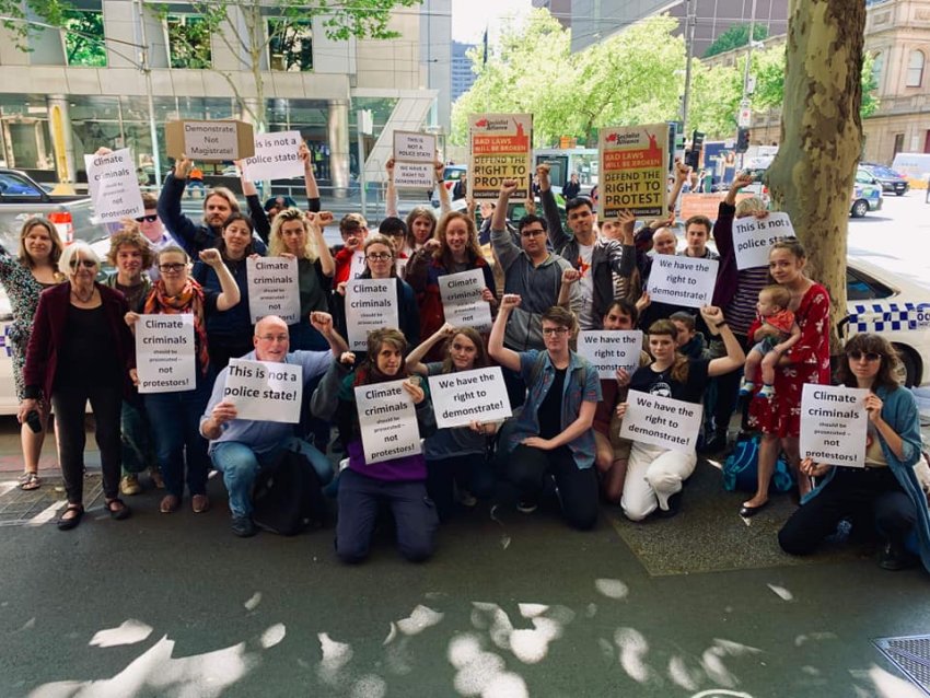 Blockade IMARC activists outside Melbourne‘s Magistrates Court on Nov 18.