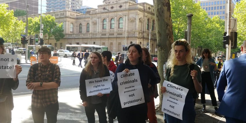 Blockade IMARC activists outside Melbourne‘s Magistrates Court on Nov 18.