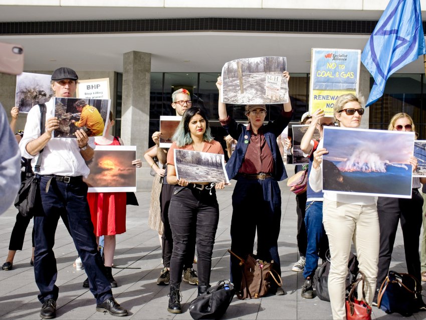 A protest outside BHP's AGM, in Sydney on November 7. 